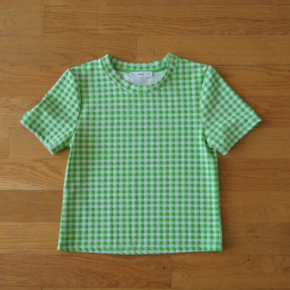 Mango Gingham Tee Shirt Womens Green Checkered Textured Picnic Summer Size M